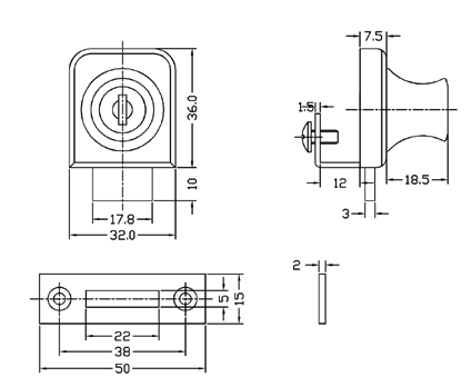 Knob lock with bolt, keyed alike nb 1, key not supplied, polished anodised