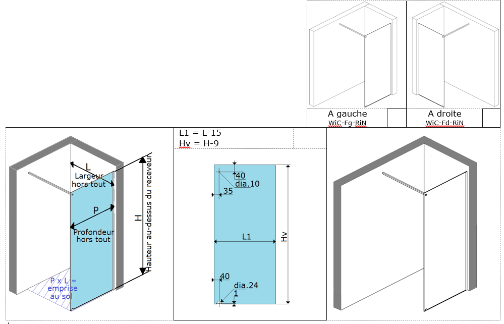 shower screen WI niche 1 fixed square stiffener anodised aluminium BSS effect